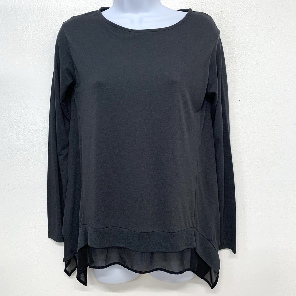 All Saints Gray Pull Over Black Sheer Trim Long Sleeve Polo Small Soft Stretch